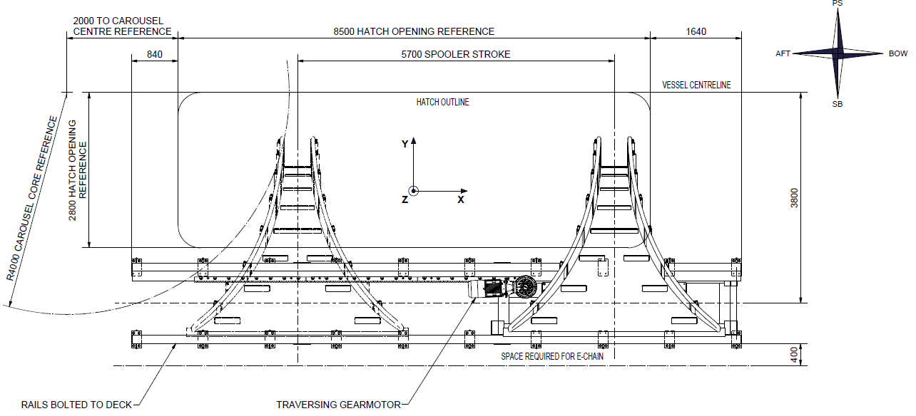 Traversing Spooler — General Arrangement drawing with hatch, spooler stroke and carousel core references